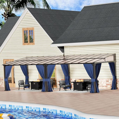 10’ x 28’ Gazebo for Patio,Wall Mounted Gazebo with Sloping Polycarbonate Roof,Aluminum Frame Outdoor pelgole w/Netting & Curtain for Garden,Backyard,Navyblue