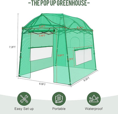 8.5 x 7 FT Walk-in Greenhouse, Portable Pop-up Green House 3 Adjustable Hights Heavy Duty Plant Gardening Canopy with Durable PE Cover for Indoor Outdoor (Clear and Green)