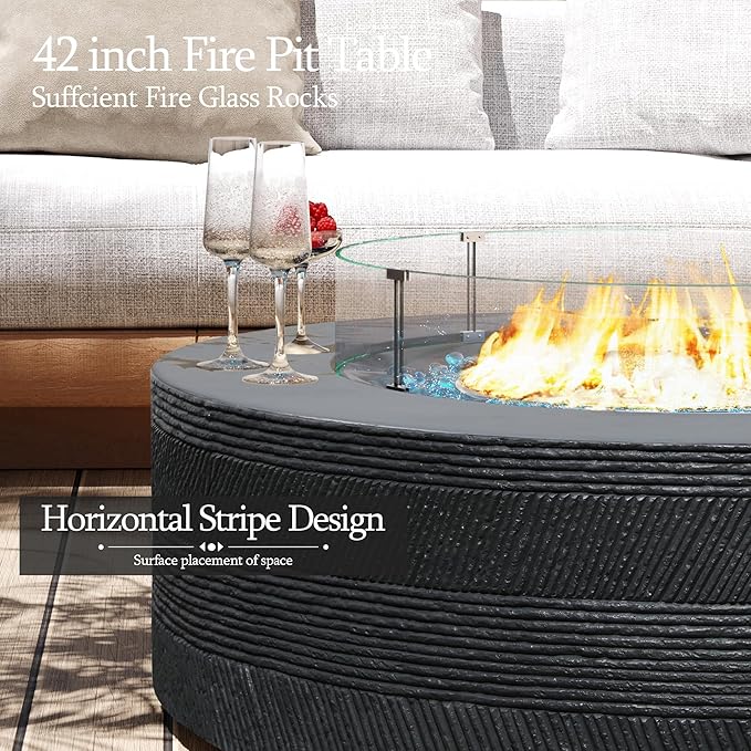 UPHA 42-inch Outdoor Propane Gas Fire Pit Table 50000 BTU Concrete Rectangle FirePit for Outside Patio with Propane Tank Cover, Wind Guad, Navyblue Fire Glass, Rain Cover, Grey Texture