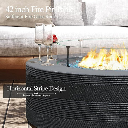 UPHA 42-inch Outdoor Propane Gas Fire Pit Table 50000 BTU Concrete Rectangle FirePit for Outside Patio with Propane Tank Cover, Wind Guad, Navyblue Fire Glass, Rain Cover, Grey Texture