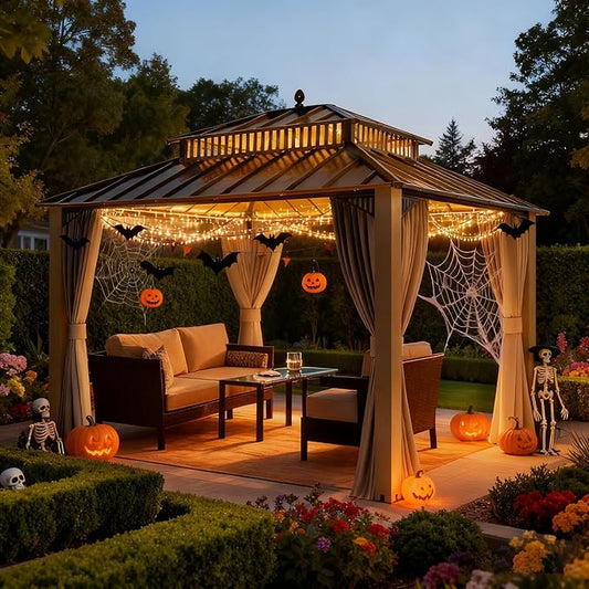 SUNJOY Kingston 12' x 10' Hardtop Gazebo with Galvanized Steel Double Roof, Curtain and Netting, Woodgrain Finish Aluminum Posts Permanent Pavilion Gazebo for Garden, Patio, Deck, Lawn