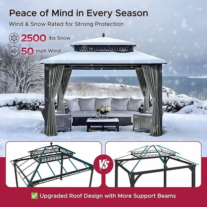 SUNJOY Kingston 12' x 10' Hardtop Gazebo with Galvanized Steel Double Roof, Curtain and Netting, Gray Aluminum Posts Permanent Pavilion Gazebo for Garden, Patio, Deck, Lawn