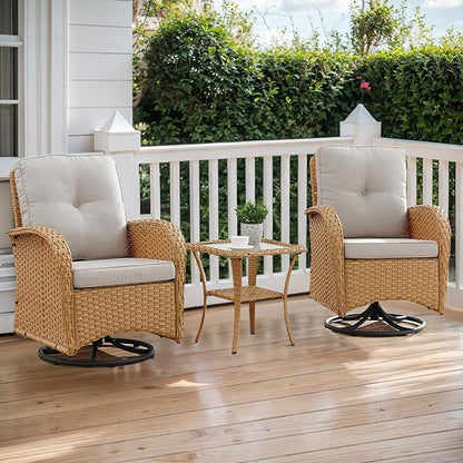 Outdoor Rocker Swivel Glider Chair - 3 Piece Wicker Patio Furniture Set, All Weather Patio Bistro Set with Glass Side Table for Balcony Porch Deck Backyard - Yellow Wicker Beige Cushion