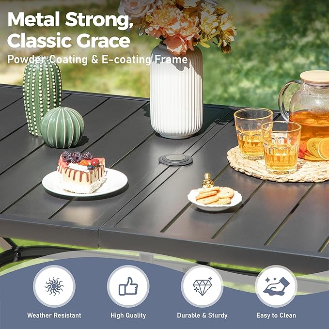 Patio Dining Set 7 PCS, Rectangular Steel Dining Table with 1.57" Hole, Red Stable Dining Chairs for 6,Patio Table and Chairs for Outdoor Lawn Garden,Deck.