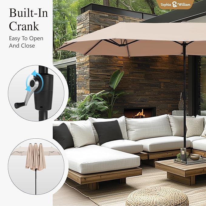 Sophia & William Patio Set with Umbrella Patio Dining Set for 6 with 13ft Rectangle Patio Umbrella Beige, 6 x Patio Chairs Grey, 1 Wood Like Outdoor Dining Table with Umbrella Hole for Lawn Garden