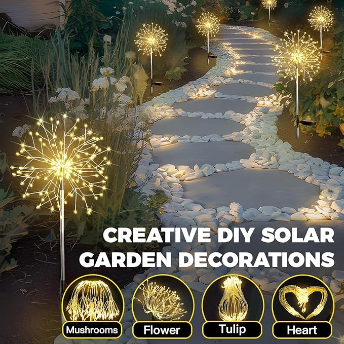 suddus Solar Garden Lights Outdoor Waterproof Decorative, 2Pack 150LED Firework Lights, Solar Fairy Lights for Yard, Garden, Party, Patio, Pathway, Flowerbed - Warm White