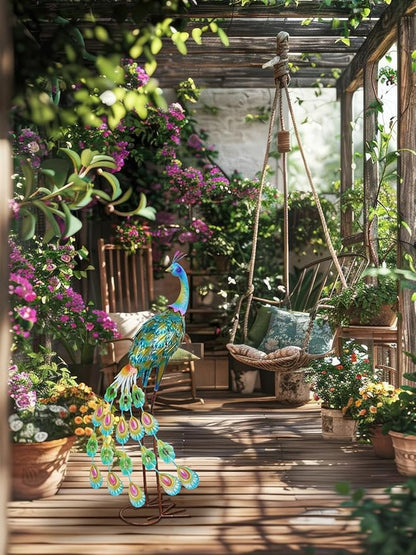 YEAHOME Garden Decor Outdoor Statues, 34" Large Metal Peacock Standing Yard Art, Blue Green Bird Lawn Sculptures Garden Decor for Outside Patio Porch Backyard