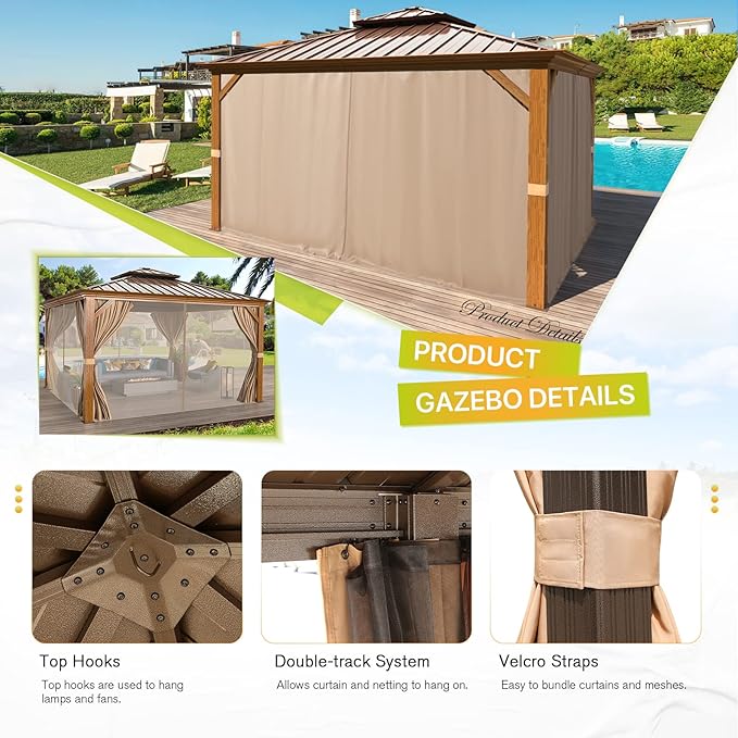 MELLCOM 12'x12' Hardtop Gazebo, Wooden Finish Coated Aluminum Frame Canopy with Galvanized Steel Roof, Outdoor Metal Gazebos with Curtains and Nettings for Patio, Backyard, Deck and Lawns