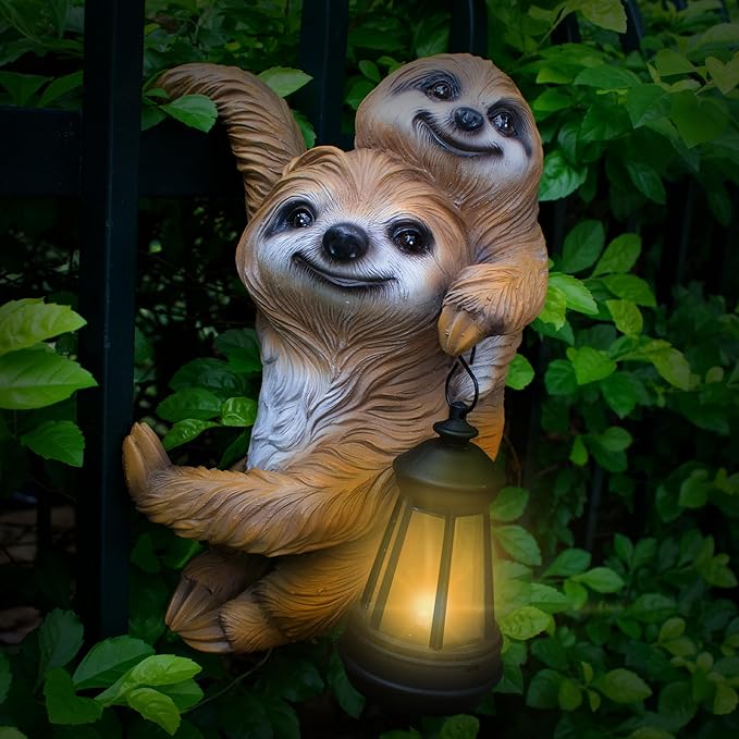 Adorable Sloth Hanging Garden Statue Outdoor Decorative Sculpture, Solar Light Outdoor Waterproof, Garden Decorations Home Patio Yard Outdoor, Relaxed Sloth Gifts for Mom
