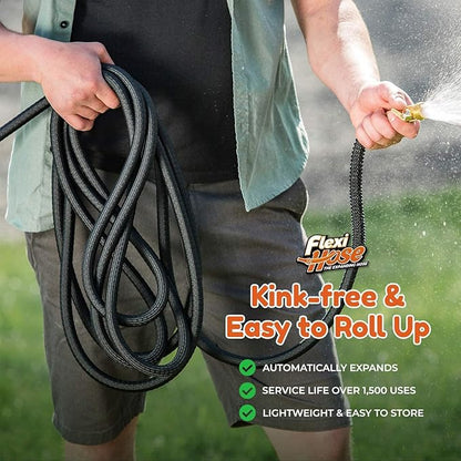 Flexi Hose Upgraded Expandable Garden Hose Extra Strength 3/4 Solid Brass Fittings - The Ultimate No-Kink Flexible Water Hose (Black, 50 FT)