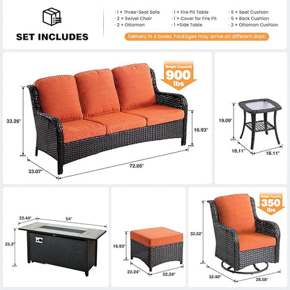 ovios 7 Pieces Patio Furniture Set, Outdoor Wicker Sofa Couch with Swivel Chairs 54" Fire Pit Table, High Back All Weather Modern Conversation Sets, Brown Rattan, Orange Red