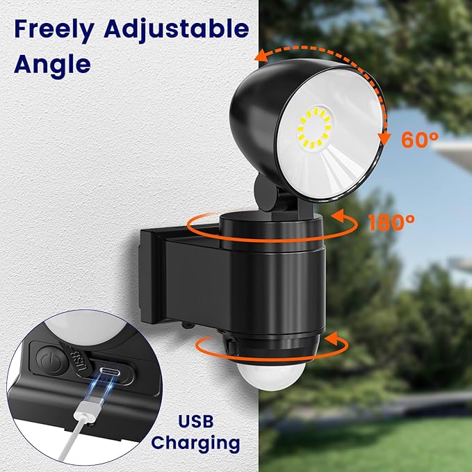 AIXPI Battery Operated Powered Motion Sensor Lights Outdoor 800LM 6000 mAh, Rechargeable LED Flood Light Spotlight for Garage, Yard, Porch 1Pack