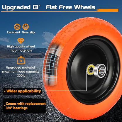 13" Flat Free Wheels Replacement for GOR Garden Cart Tires and Wheels, 4.00-6 Solid Tires and Wheels with 5/8"Bearings, 13" No Flat Wheels for GOR Garden Carts/Hand Trucks/Garden Carts（Orange）