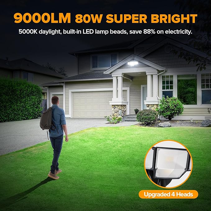 LUTEC 80W Dusk to Dawn Flood Lights Outdoor, 9000LM Super Bright LED Security Light with Photocell, IP65 Waterproof, 5000K Daylight, Hardwired 4 Heads Floodlight for Garage, Yard -2 Pack (Black)
