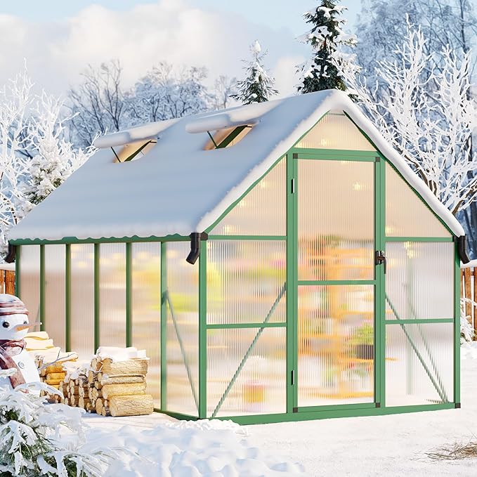 CABIHOME 8x12 FT Outdoor Greenhouse, Polycarbonate Greenhouse with Roof Vent and Ground Nails, Aluminum Large Walk-in Green House w/ Lockable Push Door for Outside Garden Backyard (Green, 8x12 FT)