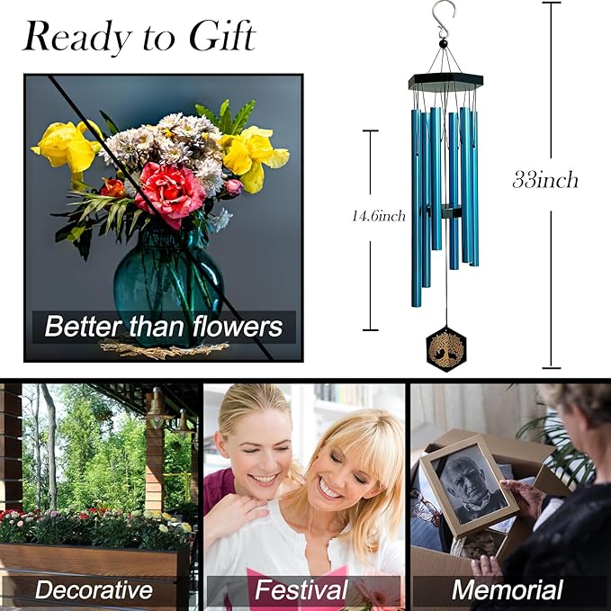 33" Tree of Life Memorial Wind Chimes | Soothing Blue Sympathy Wind Chime for Loss of Loved One, Calming Melody & Deep Tone, Outdoor Garden Decor & Housewarming Gift