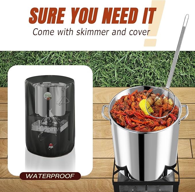 Stainless Steel 80QT Crawfish Boiler Kit, Waterproof Cover & 18-inch Skimmer, 110,000BTU Propane Burner Stove, 0-20PSIG Regulator, Seafood Boil Pot, Crab Boil Pot with 60QT Basket