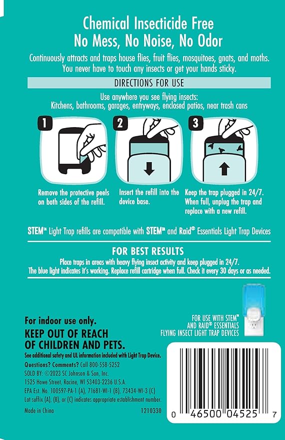 STEM Light Trap Refill Cartridges, Indoor Fruit Fly Trap, Effective Insect Control for Home, Attracts and Traps Flying Insects, Compatible with STEM Light Trap, 6 Count