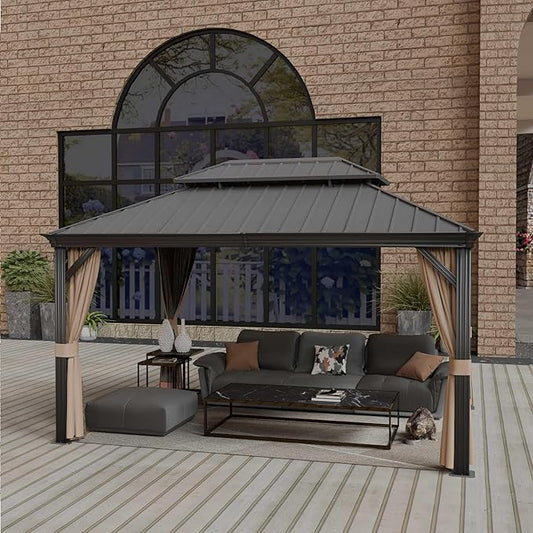 10'x14' Hardtop Gazebo, Outdoor Aluminum Patio Gazebo Double Roof Galvanized Steel Canopy with Netting and Curtains,for Garden, Patio, Backyard, Deck and Lawns.