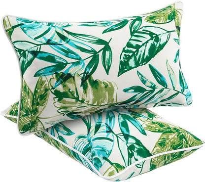 Water Resistant Outdoor Lumbar Pillows for Patio Furniture,12x20 Inch Decorative Pillows Set of 2 with Insert,Hidden Zipper Headrests for Sofa Couch Chair(Palm Leaf)