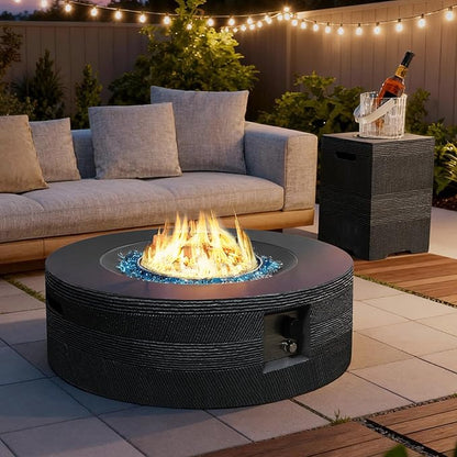 UPHA 42-inch Outdoor Propane Gas Fire Pit Table 50000 BTU Concrete Round FirePit for Outside Patio with Propane Tank Cover, Navyblue Fire Glass, Rain Cover, Grey Texture