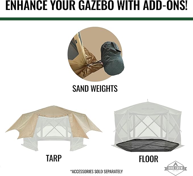 Hike Crew 13’ x 13’ Screened Roof Pop-Up Gazebo Screen Tent | 6-Sided Outdoor Canopy Shelter w/Roof Cover, Built-in Zippered Panels, Built-in Awning, Stakes, Ropes & Carry Bag | UV Resistant SPF 50+