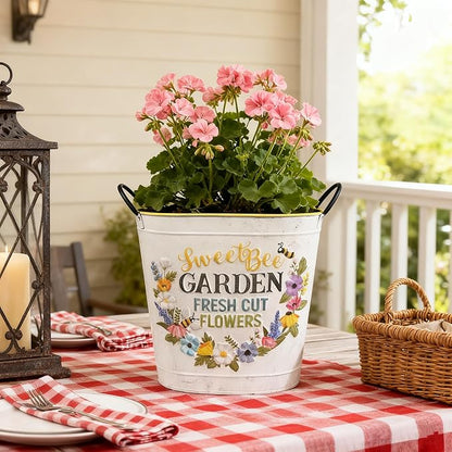 Set of 2 Sweet Bee Garden Metal Planter Buckets, Rustic Farmhouse Flower Pots with Handles, Decorative Indoor Outdoor Gardening Containers for Succulents, Herbs, Home & Porch Decor