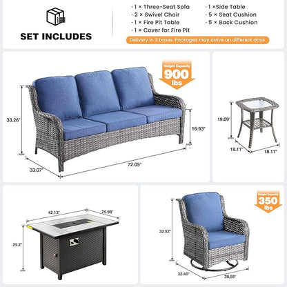 ovios 5 Pieces Patio Furniture Set, Outdoor Wicker Sofa Couch with Swivel Chairs 42" Fire Pit Table, High Back All Weather Modern Conversation Sets, Grey Rattan, Denim Blue