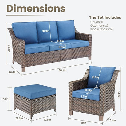 Outdoor Wicker Patio Furniture Set - 5 Piece Outside Rattan Conversation Bistro Sofa Sets with Wicker Chairs, 3-Seat Couch and Ottomans for Porch Balcony Yard Fireplace – Brown/Blue