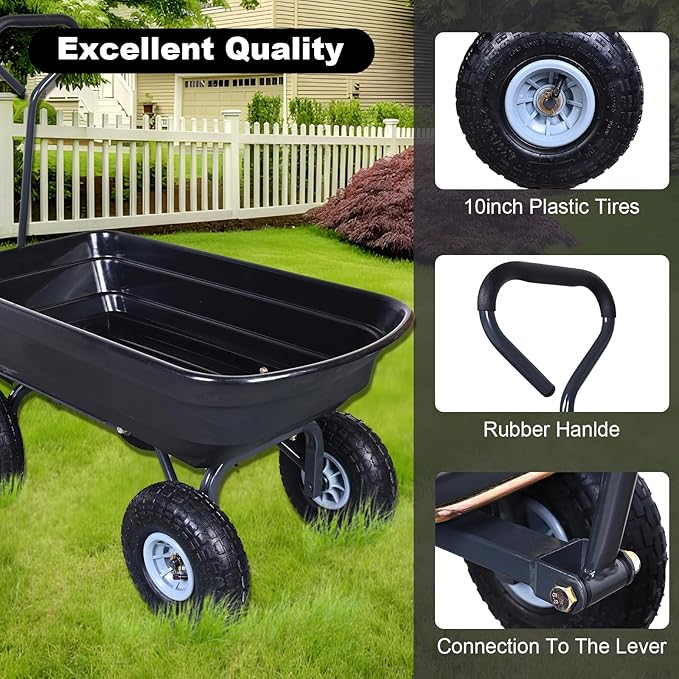 AAIN Heavy Duty Garden Cart with 10" Pneumatic Plastic Tires, 600LB Capacity, 180° Rotating Handle & Quick Release System, Black 4 Cu.Ft Poly Dump Wagon for Yard, Outdoor, Beach, Home
