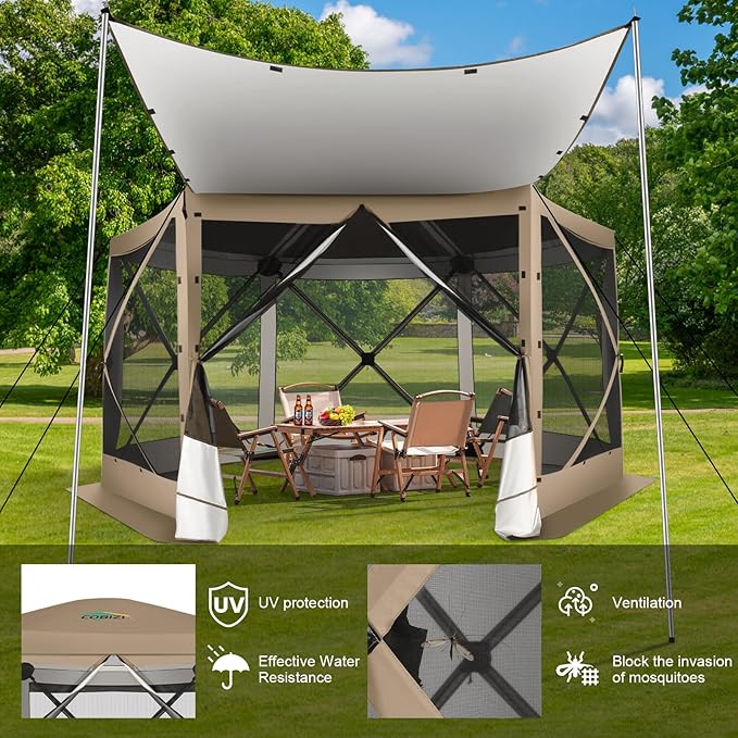 COBIZI 12x12 Pop up Gazebo Screen House Tent for Camping, Outdoor Canopy with Removable Roof&Mosquito Netting, Portable Hub with Carrying Bag and Ground Stakes, Khaki