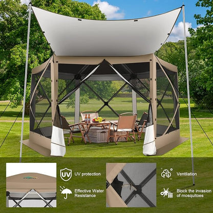 COBIZI 12x12 Pop up Gazebo Screen House Tent for Camping, Outdoor Canopy with Removable Roof&Mosquito Netting, Portable Hub with Carrying Bag and Ground Stakes, Khaki