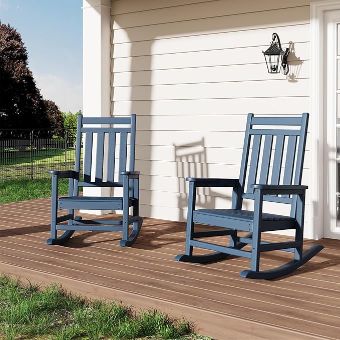 GarveeLife Poly Lumber Rocking Chair Outdoor Set of 2 - HDPE High Back Porch Rocker Chairs for Adults - All Weather Resistant Furniture for Patio - Navy Blue