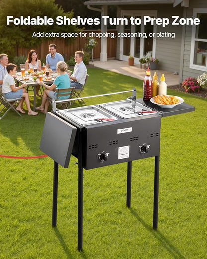 VEVOR Outdoor Propane Deep Fryer, Dual-Tank 8QTx2 Commercial Fryer, Stainless Steel Cooker with Foldable Platform, Dual Basket, and Heat Adjustment, Floor Standing Fryers for Restaurant Home Snack Bar