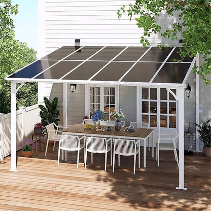 MEISSALIVVE 10' x 12' Wall Mounted Lean to Metal Awnings with Sloped Roof, Outdoor Patio Gazebo Awning for Backyard, Deck, White