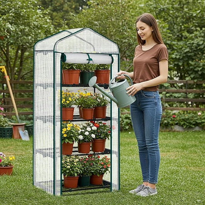 Outvita Mini Greenhouse, Small PE Plant Green House with 4 Tiers Rack, Shelf Clips, Roll-up Zipper Door, Gardening Supplies for Indoor Outdoor Seedling Frost Protection , 27"x19.6"x63" White