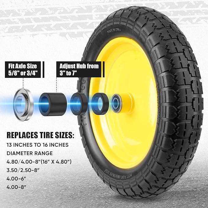 TICONN 4.80/4.00-8 Tire, 16" Flat Free Wheelbarrow Tire and Wheel, Solid Replacement Tires, 5/8" 3/4" Bearings, Universal Fit 4.80/4.00-8, 3.50/3.00-8, 4.00-6 (16" Yellow, 2PK)