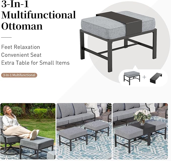7 Piece Metal Outdoor Patio Furniture Sets, Patio Conversation Sets 1 3-seater Sofa, 2 Fixed Chair, 2 Rocking Chair, 2 Ottomans with 5.75" Thick Cushion, Black Backyard Furniture, Gray