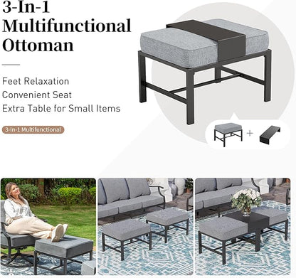 7 Piece Metal Outdoor Patio Furniture Set, Patio Conversation Sets 1 3-seater Sofa, 2 Fixed Chairs, 2 Swivel Chairs, 2 Ottomans with 5.75" Thick Cushion, Black Backyard Furniture, Gray