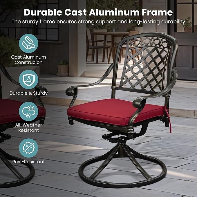 Set of 2 Cast Aluminum Patio Chairs with Cushions, All-Weather Aluminum Outdoor Swivel Chairs, Metal Outdoor Rocking Chairs for Backyard, Poolside and Bistro(Red, 2 Pieces)