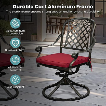 Set of 2 Cast Aluminum Patio Chairs with Cushions, All-Weather Aluminum Outdoor Swivel Chairs, Metal Outdoor Rocking Chairs for Backyard, Poolside and Bistro(Red, 2 Pieces)