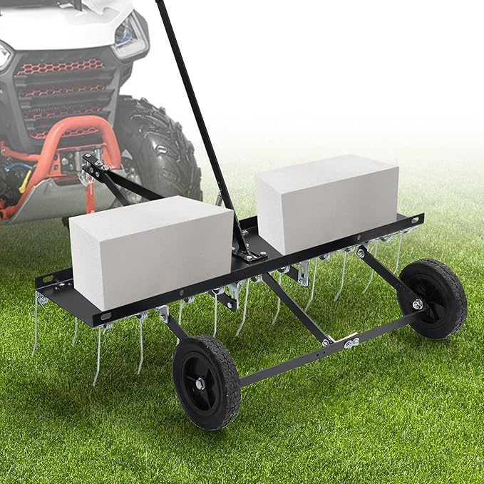 Tow Behind Dethatcher: 40inch Pull Behind Lawn Rake with 20 Spring Steel Tines Heavy Duty Lawn Tractor Attachments for Large Yard Garden Care