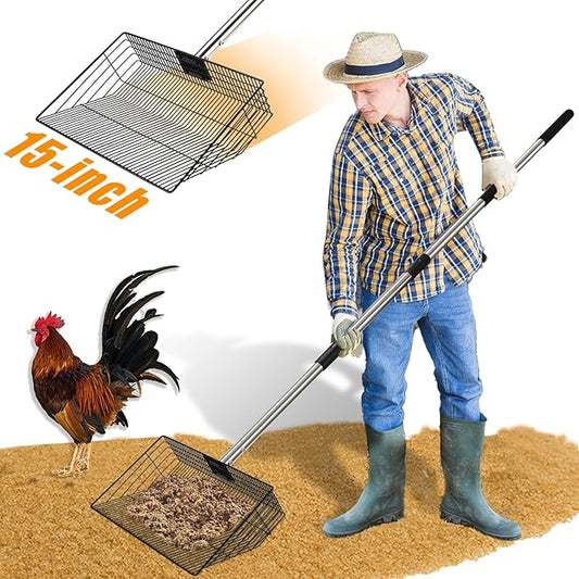 CAROD 15"-Large Thickened Chicken Poop Scooper, 24 to 68" Adjustable Chicken Coop Scoop for Poop with Stainless Steel Handle, Litter Scooper Sifting Shovel Chicken Coop Accessories