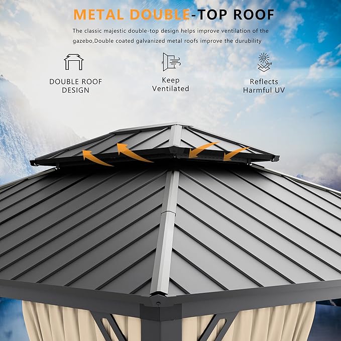 12’x14’ Hardtop Gazebo Outdoor Aluminum Frame Permanent Gazebo Galvanized Steel Double Roof Pergola with Nettings and Curtains for Patio, Lawns,Backyard, Deck(Brown)