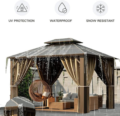 Kingdura Hardtop Gazebo 10'x12' with Double Polycarbonate Roof Canopy, Outdoor Gazebo with All-Weather Resistant Aluminum Frame Permanent Pavilion, UV Blocking for Patio Lawn Garden