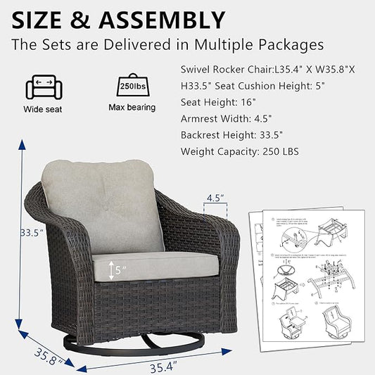 Wicker Swivel Rocking Chairs Set 2, Outdoor Brown Wicker Swivel Glider Chair Outdoor Rocking Chair with Water-Resistant Cushions, Beige