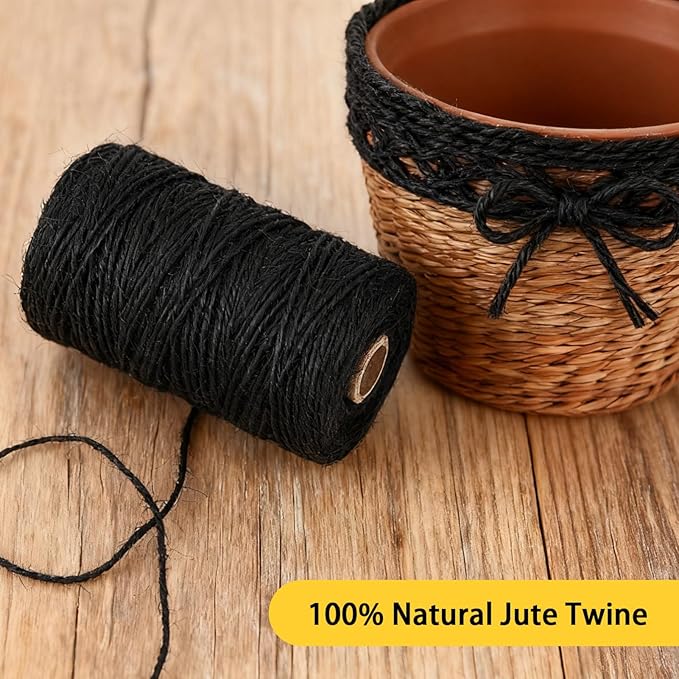2mm 328 Feet Black Natural Jute Twine, for Crafts Gift, Craft Projects, Wrapping, Bundling, Packing, Holiday Packaging Twine, Gardening and More, Jute Rope to Use Around The House and Garden