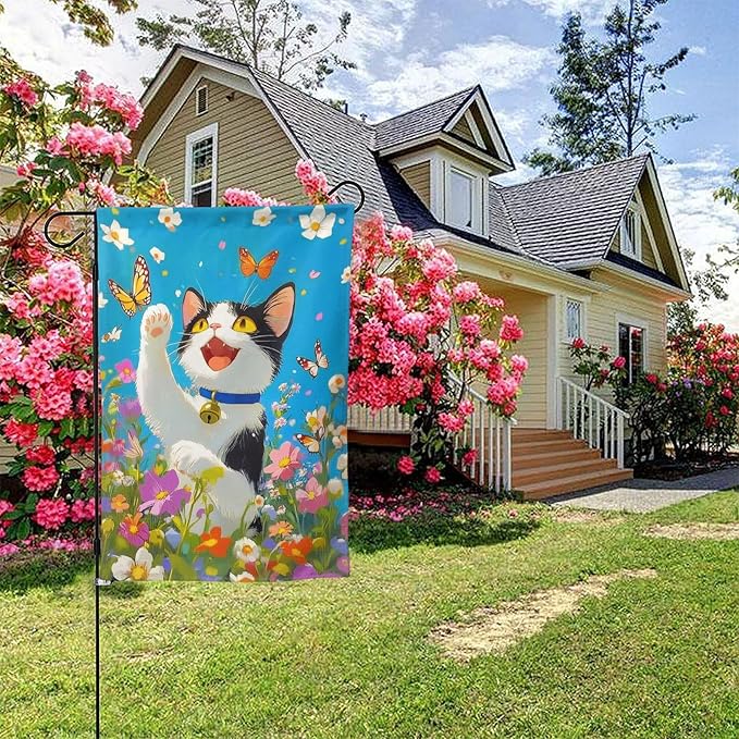 Cat Flower Garden Flag Vertical Double Sided Outdoor Yard Flags 12.5x18 Inch Burlap Banners for House Lawn
