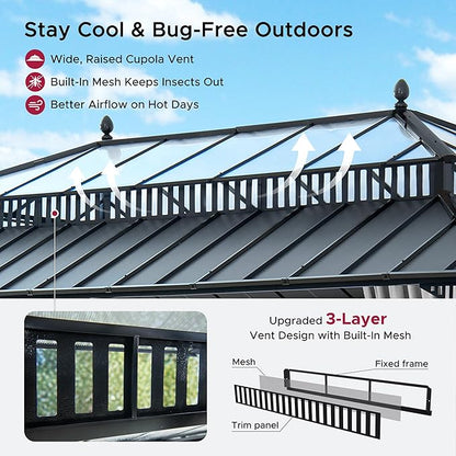 SUNJOY Kingston 20' x 12' Hardtop Gazebo with Galvanized Steel/Polycarbonate Double Roof, Curtain and Netting, Gray Aluminum Posts Permanent Pavilion Gazebo for Garden, Patio, Deck, Lawn
