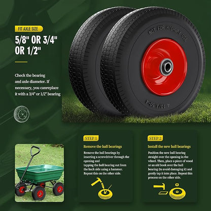 (2 Pack) 4.10/3.50-4 Flat Free Tire and Wheel 10-Inch Solid Wheel Replacement with 5/8 Extra 3/4 &1/2 Bearings,2.2" Offset Hub -Compatible with Hand Truck,Wheelbarrow(Wave,Red)